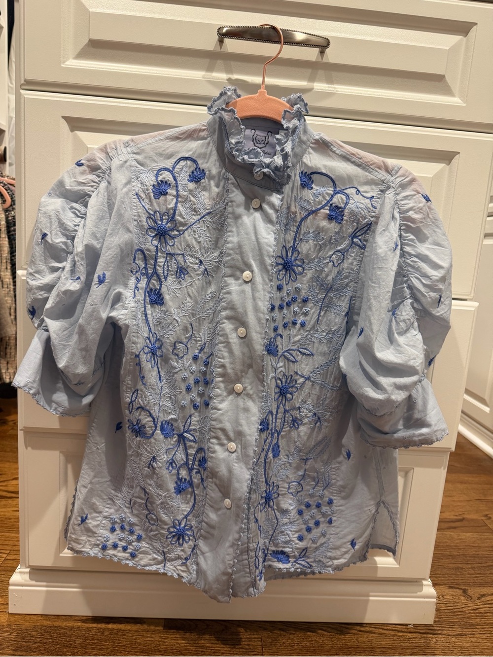 Light Blue Puff-Sleeve Embroidered Button-Front Blouse